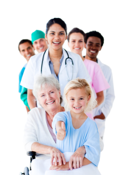 senior woman with her grandchild accompanied by medical staff